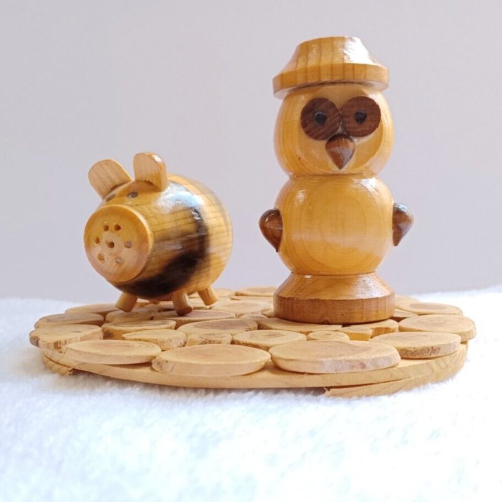 Vintage handmade wooden salt and pepper shaker with base